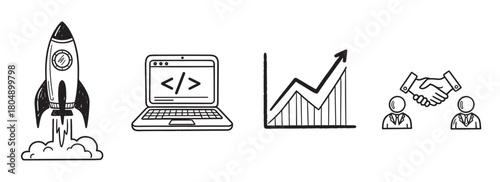 Black and white sketch illustration of business startup icons including a launching rocket, a computer with code, a financial growth graph, and a partnership handshake