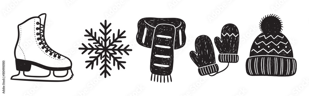 Naklejka premium A charming collection of hand-drawn winter icons, including an ice skate, snowflake, scarf, mittens, and a beanie hat, rendered in a simple black and white doodle style