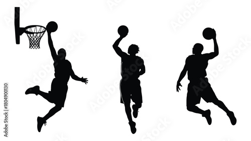 Basketball player silhouettes in action isolated on white background, Vector