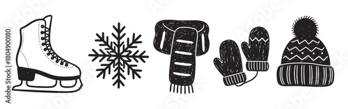A charming collection of hand-drawn winter icons, including an ice skate, snowflake, scarf, mittens, and a beanie hat, rendered in a simple black and white doodle style