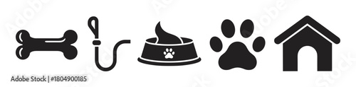 A set of black pet care icons including a bone, leash, food bowl, paw print, and doghouse, representing animal supplies and accessories in a simple graphic style