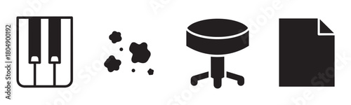 A set of four simple black icons showing a piano keyboard, abstract ink splatters, a round musician's stool, and a document with a folded corner in a minimalist graphic style