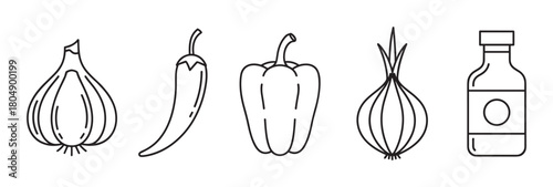 Minimalist line icons of fresh vegetables and seasoning, featuring garlic, hot chili, capsicum, onion, and a bottle of sauce for cooking delicious and spicy meals