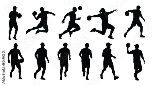 Dynamic silhouettes of ball sport athletes isolated on white background, Vector