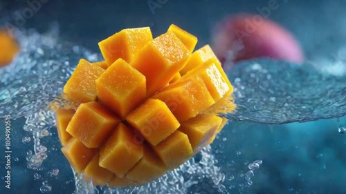 Cubed mangoes in water, splashing against a blurred, blue backdrop, with whole mango nearby