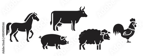 Set of domestic farm animal icons in a minimalist black silhouette style, featuring a horse, cow, pig, sheep, and rooster for agricultural or livestock concepts