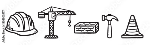 A set of hand-drawn construction icons including a hard hat, tower crane, bricks, a hammer, and a traffic cone, all illustrated in a simple black and white doodle style