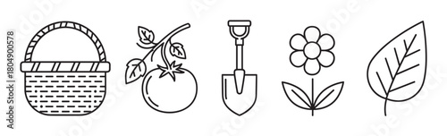 A set of five minimalist line art icons for gardening and farming, including a wicker basket, tomato, spade, flower, and leaf, presented in a simple black and white graphic style