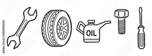 A collection of car service and repair icons including a wrench, tire, oil can, bolt, and screwdriver, illustrated in a simple black and white hand-drawn sketch style