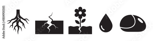 A collection of black silhouette icons representing essential elements of nature and growth, including plant roots, cracked earth, a blooming flower, a water droplet, and a seed