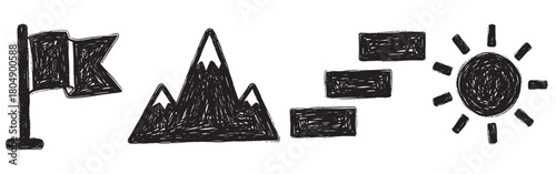 A collection of hand-drawn doodle icons including a flag, mountain, steps, and sun, representing concepts of goals, achievement, and progress in a sketchy monochrome style