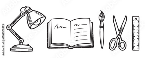 A hand-drawn set of school and office supplies including a desk lamp, open book, paintbrush, scissors, and ruler in a black and white doodle illustration style