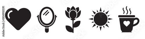 Graphic vector illustration of morning routine and self-love symbols, featuring a heart, mirror, flower, sun, and a warm drink in a simple black minimalist design
