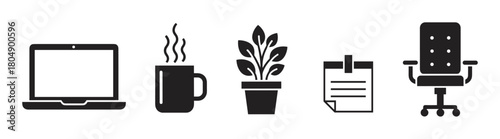 Five minimalist black silhouette icons arranged horizontally, depicting essential office and remote work items: a laptop, steaming mug, potted plant, document, and an ergonomic desk chair