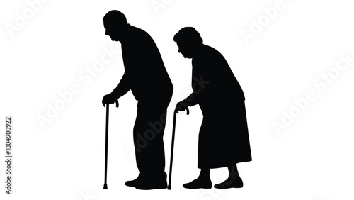 Elderly couple with walking sticks silhouette isolated on white background, Vector