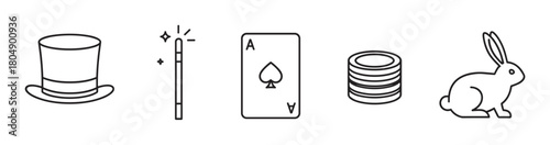 A minimalist black line art icon set featuring a magician's top hat, sparkling wand, ace of spades card, poker chips, and a rabbit for illusion and entertainment concepts