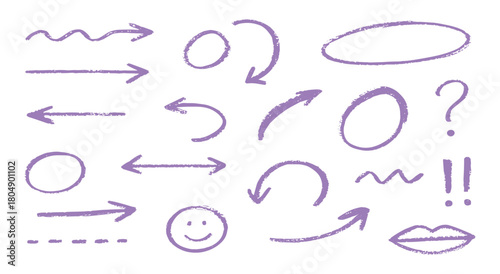Marker. Arrow. Hand Drawn. A purple vector set of various arrows, circles, and punctuation with a marker texture for a creative infographic, a presentation, or a design element project.