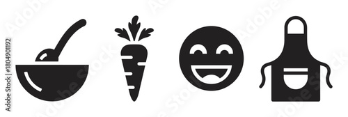 A collection of black pictograms related to healthy eating and home cooking, showing a meal bowl, a carrot, a joyful expression, and a protective apron in a flat vector style