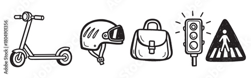 A set of hand-drawn doodle icons showing an electric scooter, helmet, briefcase, traffic light, and crosswalk sign for urban mobility and road safety concepts
