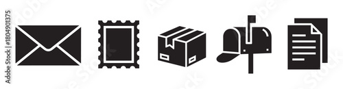 Clean graphic collection of five black icons for mail and postal services, featuring a sealed envelope, postage stamp, parcel, mailbox with a raised flag, and a document