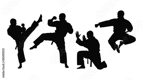 Martial arts training poses silhouette isolated on white background, Vector