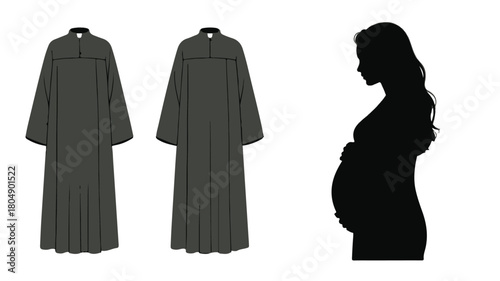 Vector illustration of a maternity dress front and back views with a silhouette of a pregnant woman isolated on white