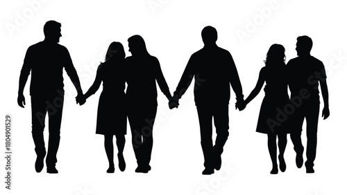 Three couples walking hand-in-hand silhouette isolated on white background, Vector