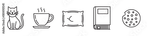 Cozy home comfort concept illustrated with a collection of simple line art symbols, including a pet cat, a warm beverage, a comfortable pillow, a good book, and a sweet cookie