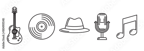Minimalist icon set for music and entertainment featuring an acoustic guitar, a retro microphone, a vinyl record, a classic fedora hat, and a simple musical note symbol