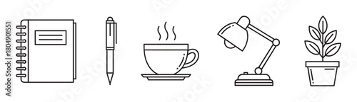 Collection of black outline icons depicting office supplies and a cozy work environment, including a notebook, pen, steaming coffee cup, desk lamp, and a houseplant