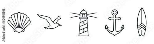 A set of five nautical and beach-themed icons including a seashell, seagull, lighthouse, anchor, and surfboard in a minimalist black line art style