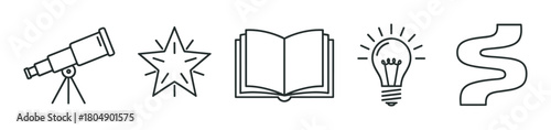 A linear icon set illustrating the process of discovery and innovation, with a telescope for exploration, a star for goals, a book for knowledge, a light bulb for ideas, and a path for progress