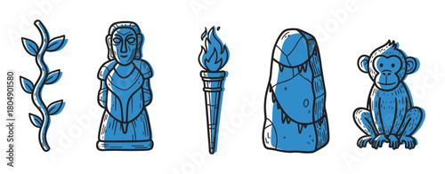 Collection of blue hand-drawn illustrations with an adventure theme, including an ancient statue, a flaming torch, a carved stone, a jungle monkey, and a leafy plant