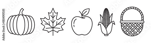 A collection of autumn harvest symbols including a pumpkin, maple leaf, apple, corn, and basket, rendered in a clean and simple black and white line art illustration style