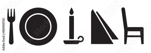 A minimalist collection of black graphic icons representing dining essentials, featuring a fork, plate, lit candle, folded napkin, and a simple chair arranged horizontally