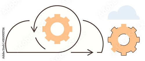 Gear inside cloud with circular arrow, second gear outside cloud, and subtle cloud accent. Ideal for technology, innovation, data transfer, automation, cloud storage IT workflow. Simple flat