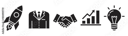 A collection of black silhouette icons representing business startup concepts like launch, partnership, growth, and innovation, presented in a clean, minimalist graphic style