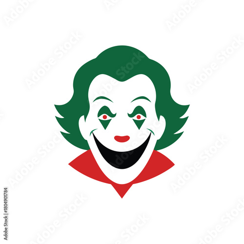 Stylized Sinister Clown Face Vector Icon. Scary Jester Head Illustration with Green Hair and Red Collar.