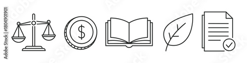 A collection of simple line art icons symbolizing environmental, social, and governance principles, including justice, finance, sustainability, and policy compliance