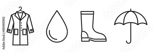 A set of four minimalist line art icons representing rainy weather protection, including a raincoat, a water drop, a rubber boot, and an open umbrella, arranged in a row