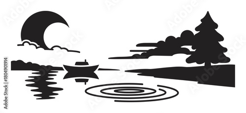A tranquil black silhouette vector graphic showing a calm waterscape with a small boat, a large crescent moon, and a forested shoreline with a single evergreen tree