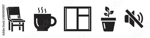 A set of black minimalist icons representing home comfort and quiet, including a chair, steaming mug, window, potted plant, and a mute symbol for silence