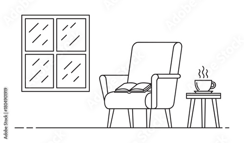 A minimalist line art illustration of a cozy reading nook with a comfortable armchair, an open book, and a steaming cup of coffee on a side table next to a window