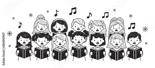A charming black and white doodle illustration of a diverse children's choir singing Christmas carols from songbooks, with musical notes and snowflakes floating around them