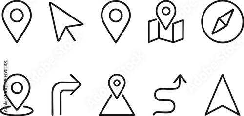 Location and navigation icons set. Map pin, route, destination, global positioning. Outline vector illustrations