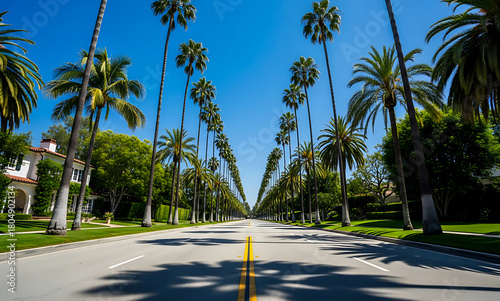 Beverly Hills Street Palm Trees California Luxury Neighborhood Sunny Day Road Perspective Travel Destination USA