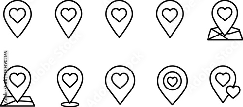 Location and navigation icons set. Map pin, route, destination, global positioning. Outline vector illustrations