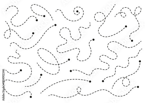 A dotted and dashed travel path with a moving line trace, destination marker, and route silhouette. Minimal vector symbol illustrating a trip plan, navigation, and journey direction.