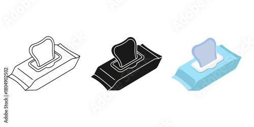 Pack of Wet Wipes Vector Set in Three Styles — Line Art, Silhouette and Color Version for Hygiene, Cleaning, and Personal Care Design Projects