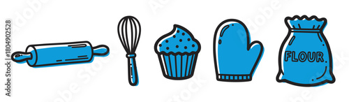 A charming set of hand-drawn baking icons including a rolling pin, whisk, cupcake, oven mitt, and flour sack, illustrated in a simple two-tone blue and black graphic style
